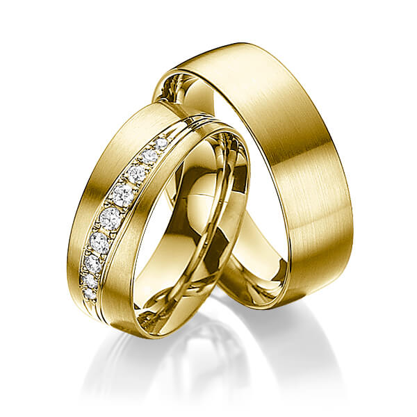 Paar klassische Trauringe/Eheringe in Gelbgold 585 mit zus. 0,19 ct. Brillant tw, si von acredo - A-3003-4 Paar klassische Trauringe/Eheringe in Gelbgold 585 mit zus. 0,19 ct. Brillant tw, si von acredo - A-3003-4