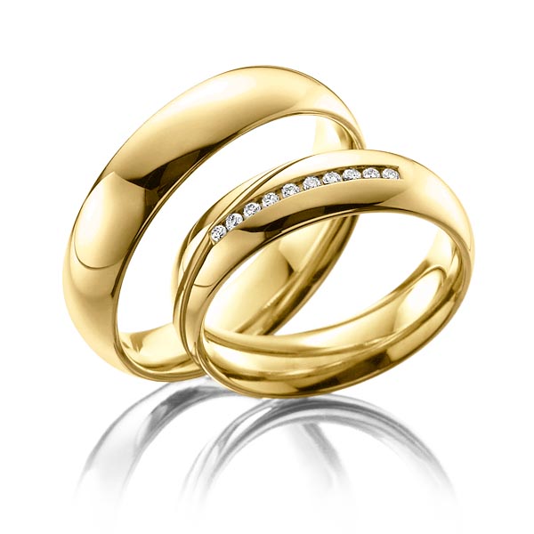 Paar klassische Trauringe/Eheringe in Gelbgold 585 mit zus. 0,1 ct. Brillant tw, si von Steinberg