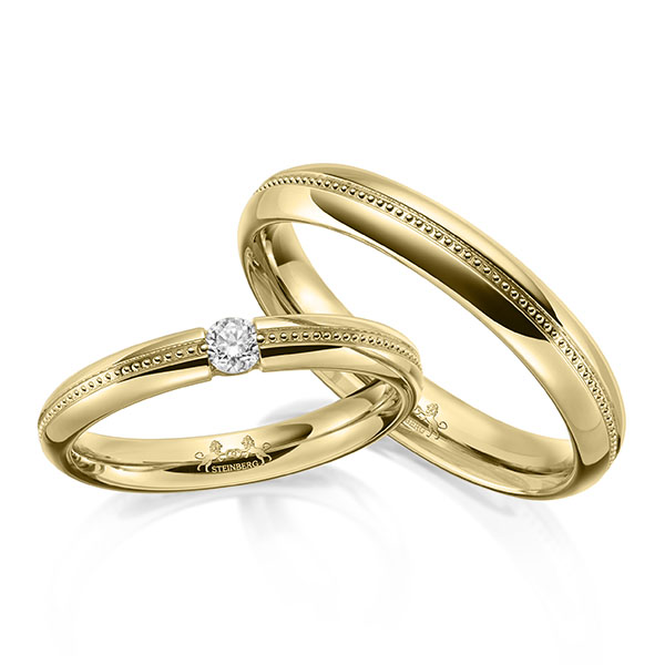 Paar klassische Trauringe/Eheringe in Gelbgold 585 mit zus. 0,1 ct. Brillant tw, si von Steinberg - Q-1644-5 Paar klassische Trauringe/Eheringe in Gelbgold 585 mit zus. 0,1 ct. Brillant tw, si von Steinberg - Q-1644-5
