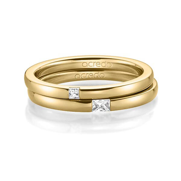 Paar klassische Trauringe/Eheringe in Gelbgold 585 mit zus. 0,1 ct. Prinzess-Diamant & Baguette-Diamant tw, si tw, vs von acredo
