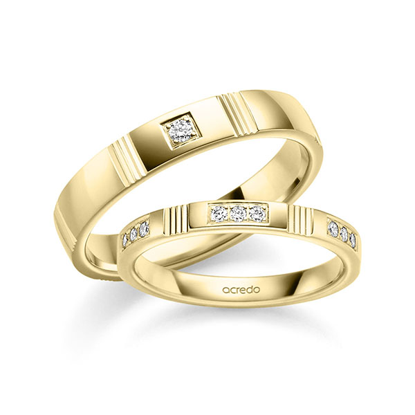 Paar klassische Trauringe/Eheringe in Gelbgold 585 mit zus. 0,205 ct. Brillant tw, vs von acredo