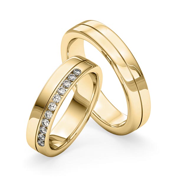 Paar klassische Trauringe/Eheringe in Gelbgold 585 mit zus. 0,275 ct. Brillant tw, si von Merii - M-1261-5 Paar klassische Trauringe/Eheringe in Gelbgold 585 mit zus. 0,275 ct. Brillant tw, si von Merii - M-1261-5