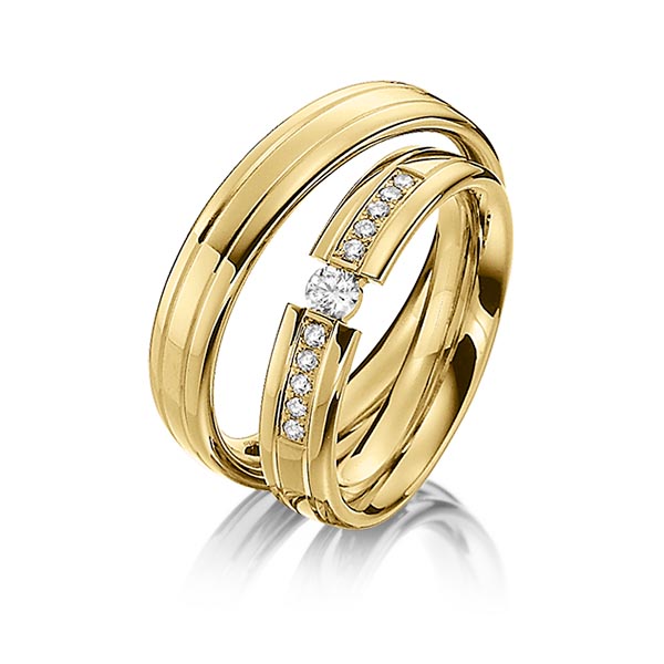 Paar klassische Trauringe/Eheringe in Gelbgold 585 mit zus. 0,2 ct. Brillant tw, si von Steinberg