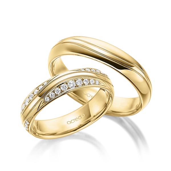 Paar klassische Trauringe/Eheringe in Gelbgold 585 mit zus. 0,576 ct. Brillant tw, si von acredo