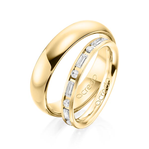 Paar klassische Trauringe/Eheringe in Gelbgold 585 mit zus. 0,675 ct. Baguette-Diamant & Brillant tw, vs tw, si von acredo - A-1370-7 Paar klassische Trauringe/Eheringe in Gelbgold 585 mit zus. 0,675 ct. Baguette-Diamant & Brillant tw, vs tw, si von acredo - A-1370-7
