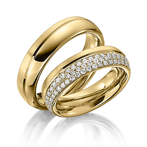 Paar klassische Trauringe/Eheringe in Gelbgold 585 mit zus. 0,74 ct. Brillant tw, si von Steinberg - Q-1161-8 Paar klassische Trauringe/Eheringe in Gelbgold 585 mit zus. 0,74 ct. Brillant tw, si von Steinberg - Q-1161-8