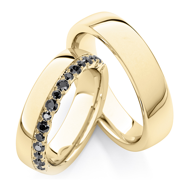 Paar klassische Trauringe/Eheringe in Gelbgold 585 mit zus. 0,76 ct. schwarz von Steinberg