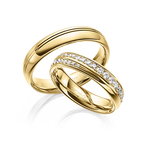 Paar klassische Trauringe/Eheringe in Gelbgold 585 mit zus. 0,964 ct. Brillant tw, si von acredo