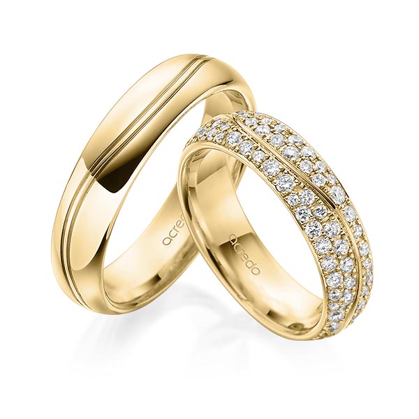 Paar klassische Trauringe/Eheringe in Gelbgold 585 mit zus. 1,506 ct. Brillant tw, si von acredo