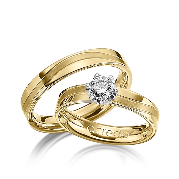 Paar klassische Trauringe/Eheringe in Gelbgold 750 mit 0,4 ct. Brillant tw, si von acredo - A-1210-5