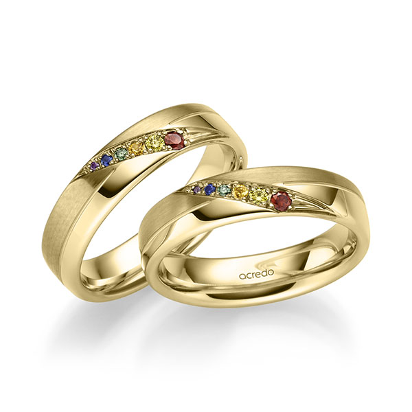 Paar klassische Trauringe/Eheringe in Gelbgold 916 mit zus. 0,176 ct. Brillant Saphir Blau (A 10) Red Cherry Saphir Gelb (A 8) Saphir Orange (A 12) Apple Green von acredo - A-2198-2