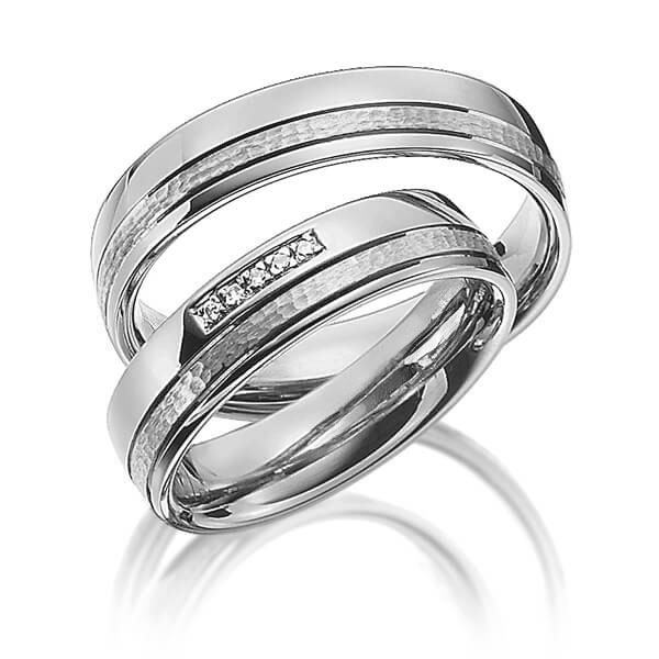 Paar klassische Trauringe/Eheringe in Graugold 585 , gehämmert Struktur mit zus. 0,025 ct. Brillant tw, si von Merii