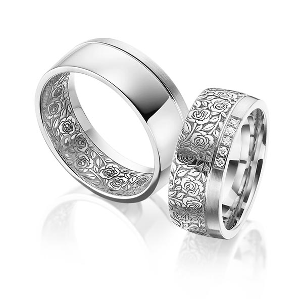 Paar klassische Trauringe/Eheringe in Graugold 585 Laser Struktur mit zus. 0,05 ct. Brillant tw, si von 123GOLD