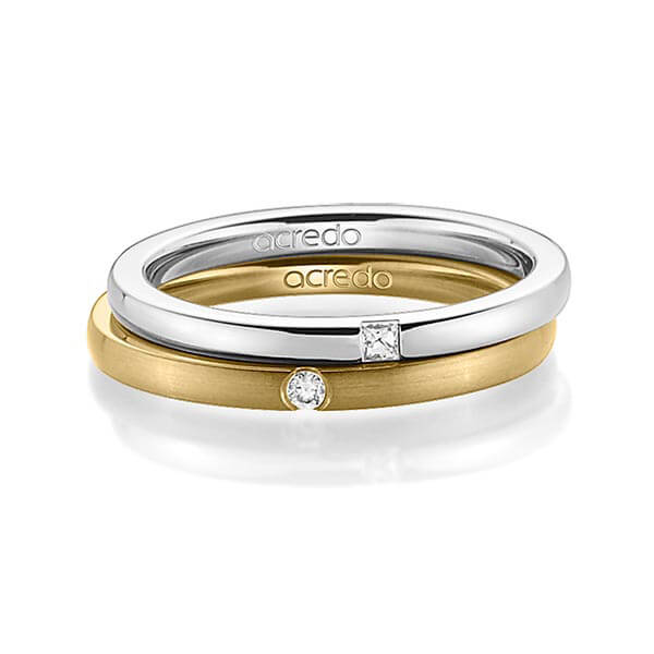 Paar klassische Trauringe/Eheringe in Graugold 585 mit zus. 0,055 ct. Prinzess-Diamant & Brillant tw, si von acredo