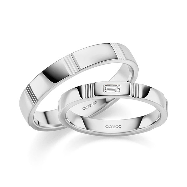 Paar klassische Trauringe/Eheringe in Graugold 585 mit zus. 0,05 ct. Baguette-Diamant tw, vs von acredo