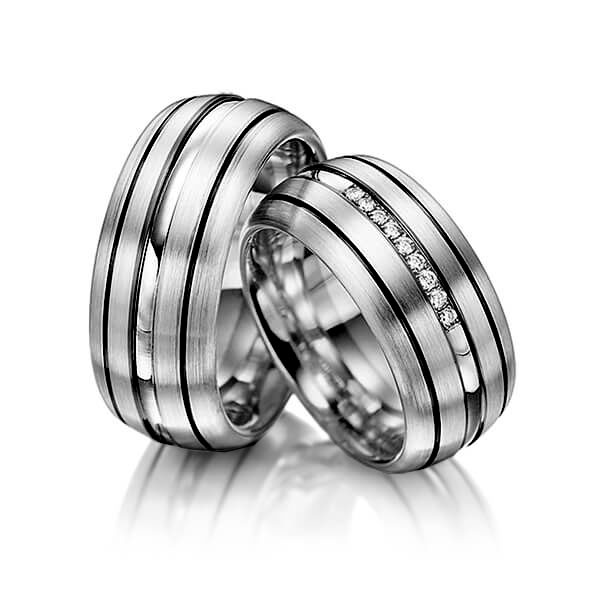 Paar klassische Trauringe/Eheringe in Graugold 585 mit zus. 0,09 ct. Brillant tw, si von Merii