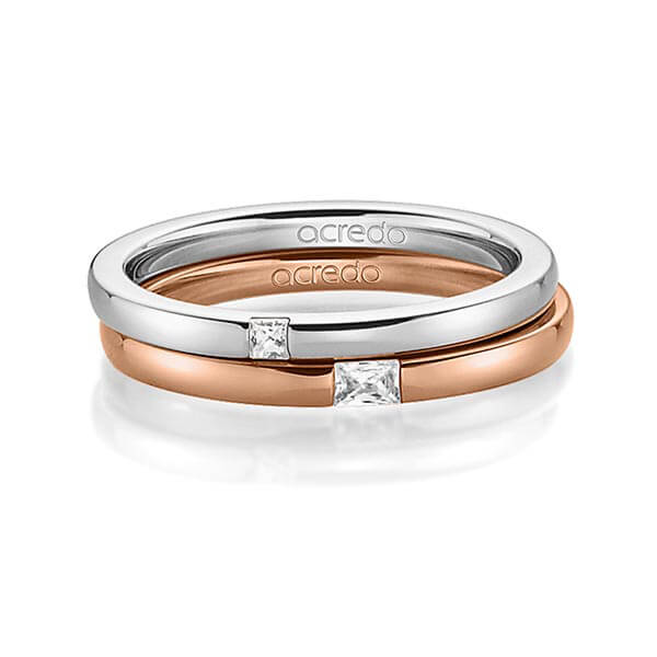 Paar klassische Trauringe/Eheringe in Graugold 585 mit zus. 0,1 ct. Prinzess-Diamant & Baguette-Diamant tw, si tw, vs von acredo