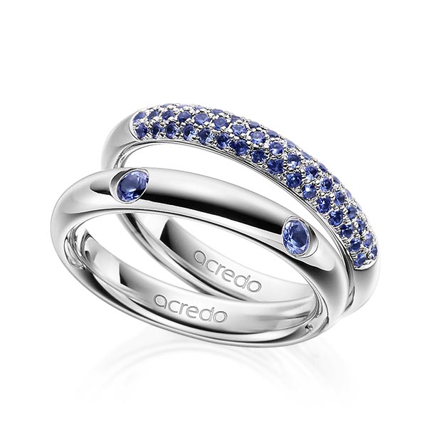 Paar klassische Trauringe/Eheringe in Graugold 585 mit zus. 0,792 ct. Brillant Saphir Hellblau (A 6) Saphir Blau (A 10) von acredo