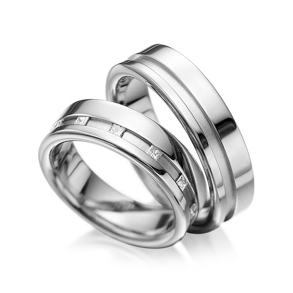 Paar klassische Trauringe/Eheringe in Graugold 750 mit zus. 0,36 ct. Prinzess-Diamant tw, si von acredo - A-1024-3 Paar klassische Trauringe/Eheringe in Graugold 750 mit zus. 0,36 ct. Prinzess-Diamant tw, si von acredo - A-1024-3