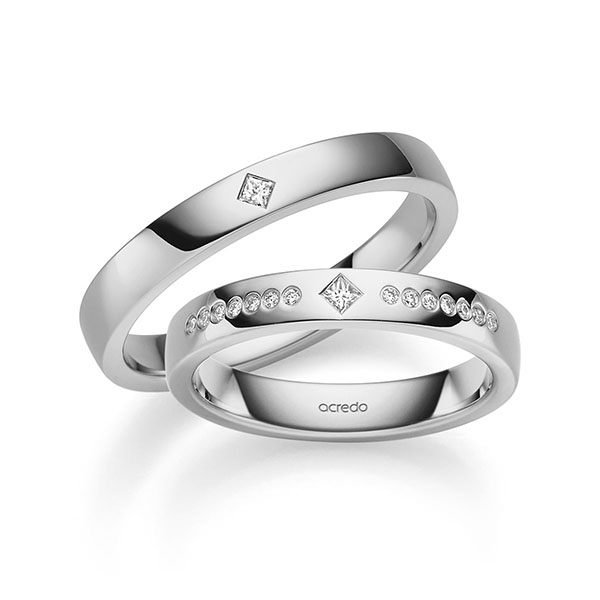 Paar klassische Trauringe/Eheringe in Palladium-Silber 800- mit zus. 0,13 ct. Prinzess-Diamant & Brillant tw, vs von acredo - S-1375-2