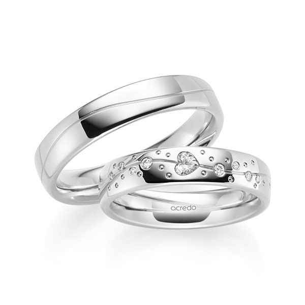 Paar klassische Trauringe/Eheringe in Palladium 950 mit zus. 0,166 ct. Herz-Diamant & Brillant tw, vs von acredo - A-2192-5