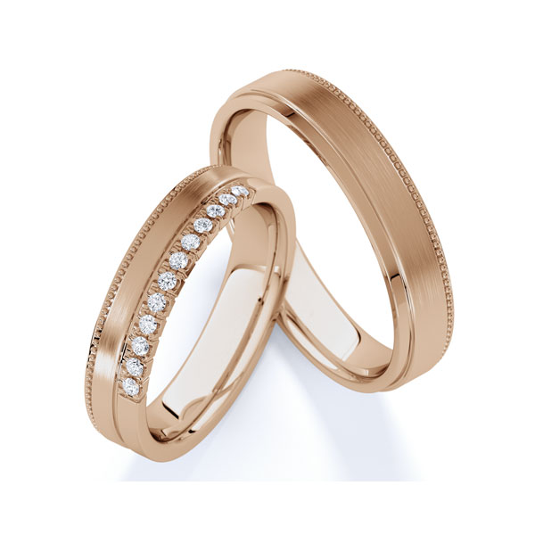 Paar klassische Trauringe/Eheringe in Peach-Gold 585 mit zus. 0,12 ct. Brillant tw, vs von Steinberg - Q-1792-6