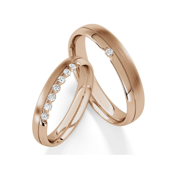 Paar klassische Trauringe/Eheringe in Peach-Gold 585 mit zus. 0,16 ct. tw, vs von Steinberg