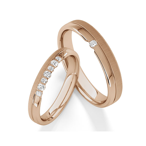 Paar klassische Trauringe/Eheringe in Peach-Gold 585 mit zus. 0,18 ct. tw, si tw, vs von Steinberg