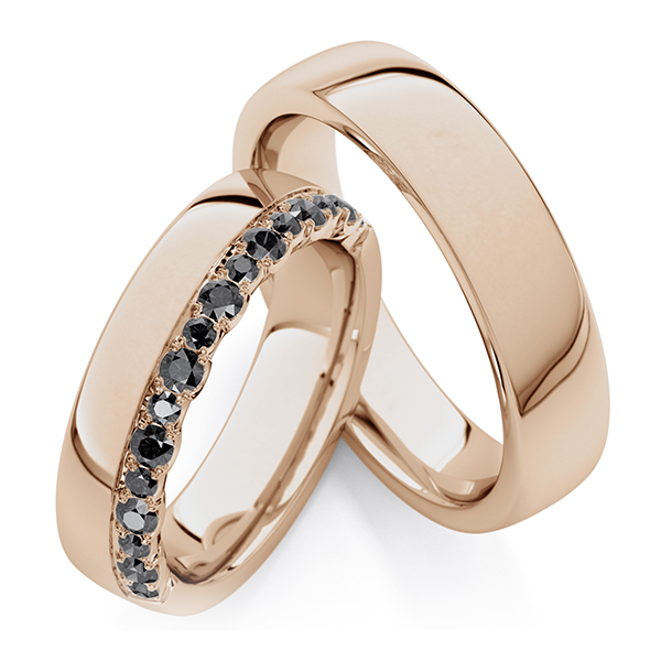 Paar klassische Trauringe/Eheringe in Peach-Gold 585 mit zus. 0,76 ct. schwarz von Steinberg