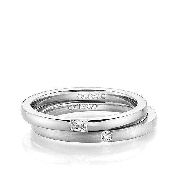 Paar klassische Trauringe/Eheringe in Platin-Palladium 600 mit zus. 0,095 ct. Baguette-Diamant & Brillant tw, vs tw, si von acredo - A-1394-12
