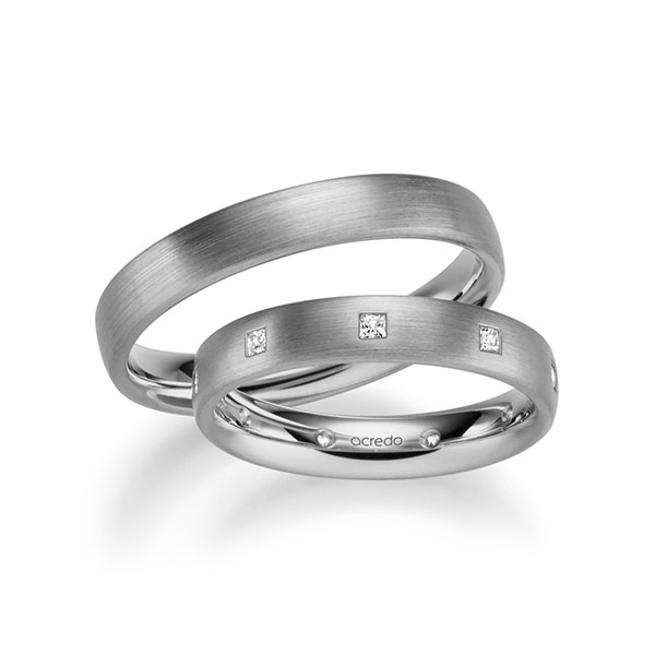 Paar klassische Trauringe/Eheringe in Platin-Palladium 600 mit zus. 0,27 ct. Prinzess-Diamant tw, si von acredo - A-1004-12