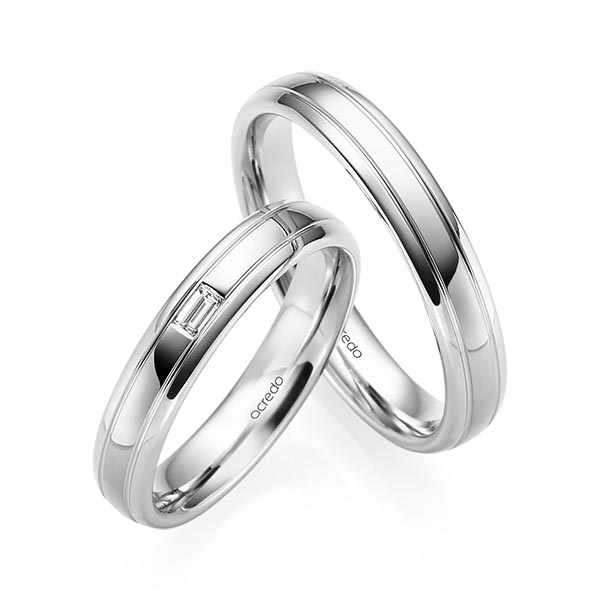 Paar klassische Trauringe/Eheringe in Platin-Silber 925 mit zus. 0,06 ct. Baguette-Diamant tw, vs von acredo - S-1229-4