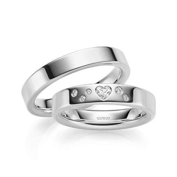 Paar klassische Trauringe/Eheringe in Platin 950 mit zus. 0,146 ct. Herz-Diamant & Brillant tw, vs von acredo - A-2135-5