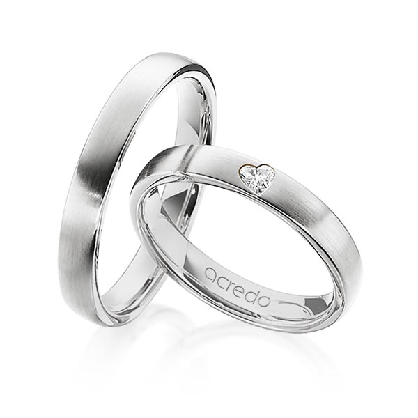 Paar klassische Trauringe/Eheringe in River Platin 950 mit zus. 0,08 ct. Herz-Diamant tw, vs von acredo - A-1242-5