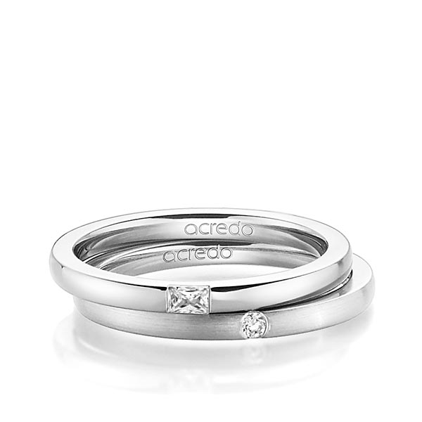 Paar klassische Trauringe/Eheringe in River Platin 950 mit zus. 0,095 ct. Baguette-Diamant & Brillant tw, vs tw, si von acredo - A-1394-2