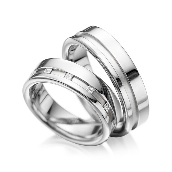 Paar klassische Trauringe/Eheringe in River Platin 950 mit zus. 0,36 ct. Prinzess-Diamant tw, si von acredo - A-1024-1