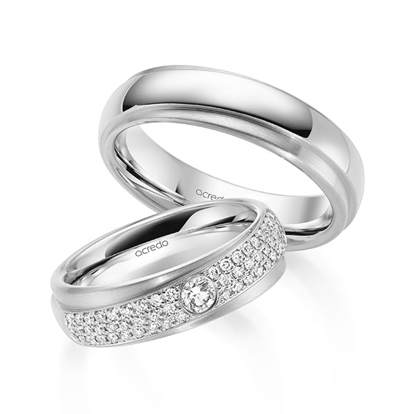 Paar klassische Trauringe/Eheringe in River Platin 950 mit zus. 0,582 ct. Brillant tw, si von acredo - A-2159-1