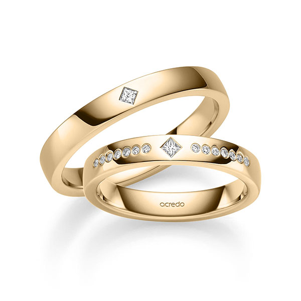 Paar klassische Trauringe/Eheringe in Roségold 375 mit zus. 0,13 ct. Prinzess-Diamant & Brillant tw, vs von acredo - S-1375-3