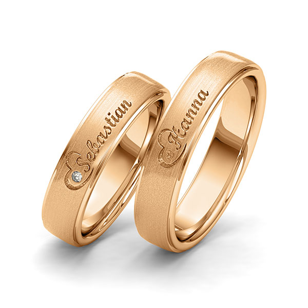 Paar klassische Trauringe/Eheringe in Roségold 585 Herz mit zus. 0,01 ct. Brillant tw, si von 123GOLD