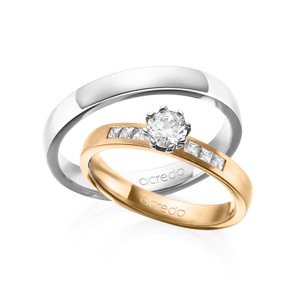 Paar klassische Trauringe/Eheringe in Roségold 585 mit 0,4 ct. + zus. 0,18 ct. Brillant & Prinzess-Diamant tw, vs tw, si von acredo - A-1379-1 Paar klassische Trauringe/Eheringe in Roségold 585 mit 0,4 ct. + zus. 0,18 ct. Brillant & Prinzess-Diamant tw, vs tw, si von acredo - A-1379-1