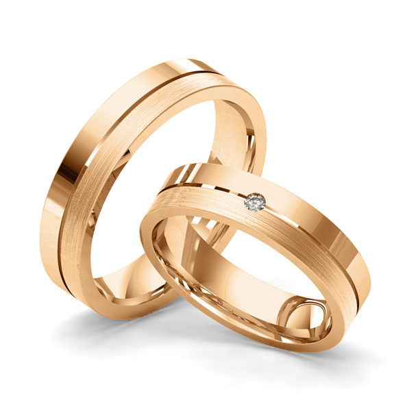 Paar klassische Trauringe/Eheringe in Roségold 585 mit zus. 0,025 ct. Brillant tw, si von Merii - M-1178-5 Paar klassische Trauringe/Eheringe in Roségold 585 mit zus. 0,025 ct. Brillant tw, si von Merii - M-1178-5