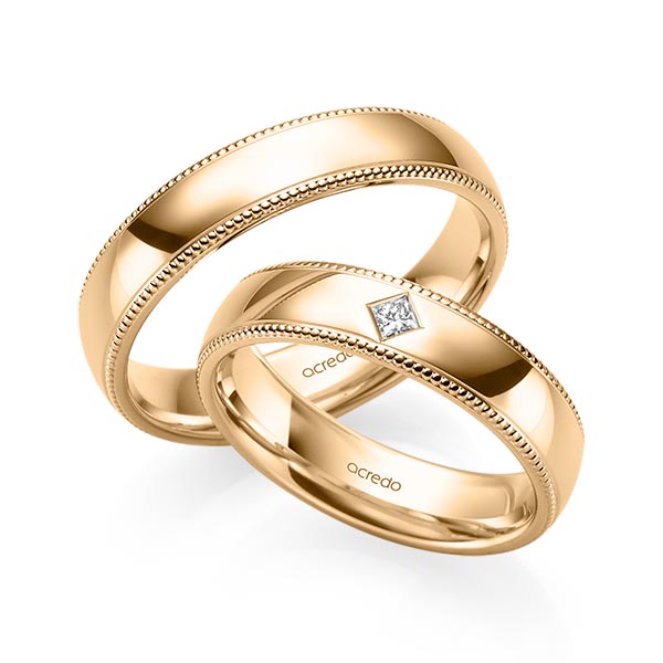 Paar klassische Trauringe/Eheringe in Roségold 585 mit zus. 0,05 ct. Prinzess-Diamant tw, si von acredo
