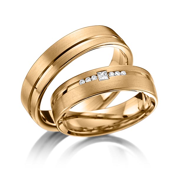 Paar klassische Trauringe/Eheringe in Roségold 585 mit zus. 0,098 ct. Brillant & Prinzess-Diamant tw, si von acredo - A-6013-8 Paar klassische Trauringe/Eheringe in Roségold 585 mit zus. 0,098 ct. Brillant & Prinzess-Diamant tw, si von acredo - A-6013-8