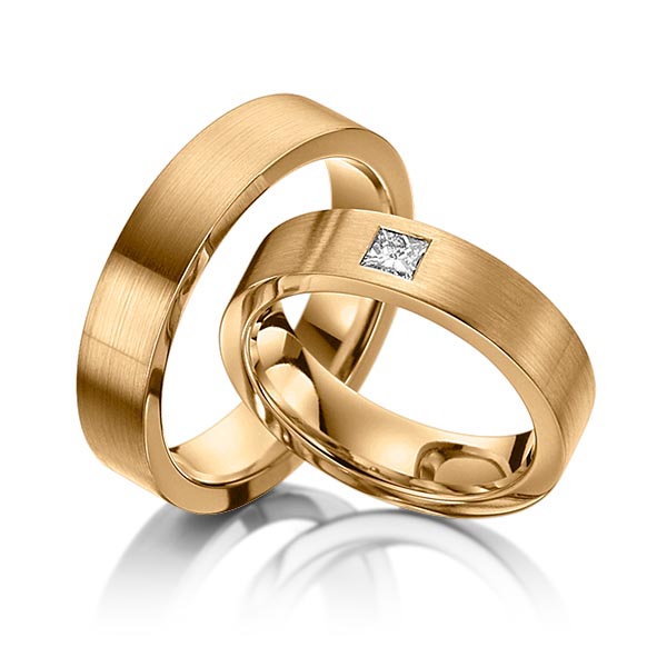 Paar klassische Trauringe/Eheringe in Roségold 585 mit zus. 0,12 ct. Prinzess-Diamant tw, si von Steinberg