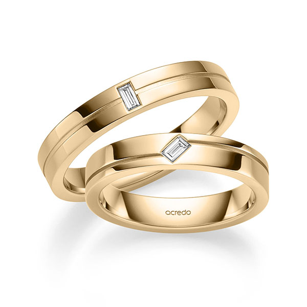 Paar klassische Trauringe/Eheringe in Roségold 585 mit zus. 0,13 ct. Baguette-Diamant tw, vs von acredo - S-1377-3 Paar klassische Trauringe/Eheringe in Roségold 585 mit zus. 0,13 ct. Baguette-Diamant tw, vs von acredo - S-1377-3