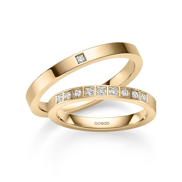 Paar klassische Trauringe/Eheringe in Roségold 585 mit zus. 0,155 ct. Brillant & Prinzess-Diamant tw, vs von acredo