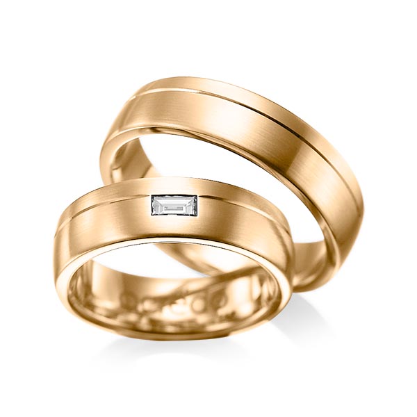 Paar klassische Trauringe/Eheringe in Roségold 585 mit zus. 0,15 ct. Baguette-Diamant tw, vs von acredo - A-1009-3 Paar klassische Trauringe/Eheringe in Roségold 585 mit zus. 0,15 ct. Baguette-Diamant tw, vs von acredo - A-1009-3