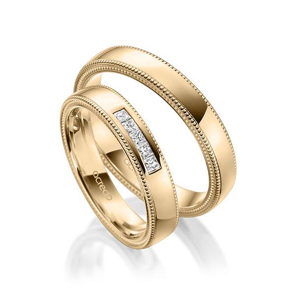 Paar klassische Trauringe/Eheringe in Roségold 585 mit zus. 0,15 ct. Prinzess-Diamant tw, si von acredo