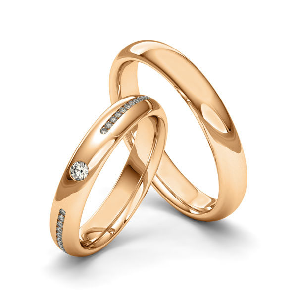 Paar klassische Trauringe/Eheringe in Roségold 585 mit zus. 0,16 ct. Brillant tw, si von Merii - M-1253-4 Paar klassische Trauringe/Eheringe in Roségold 585 mit zus. 0,16 ct. Brillant tw, si von Merii - M-1253-4