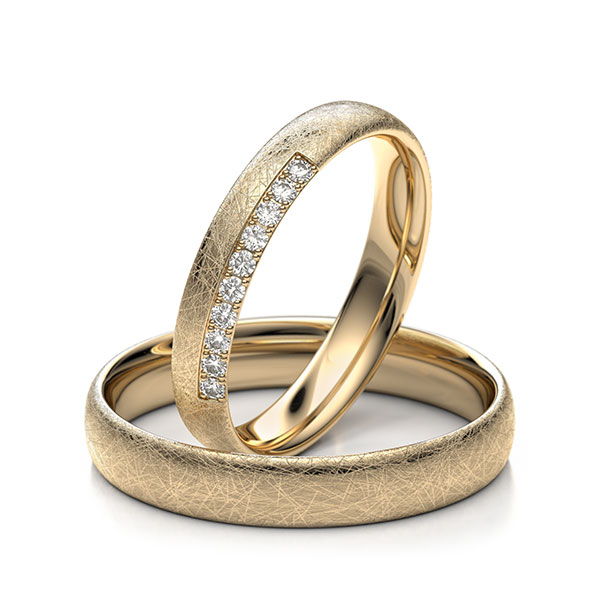 Paar klassische Trauringe/Eheringe in Roségold 585 mit zus. 0,1 ct. Brillant tw, si 